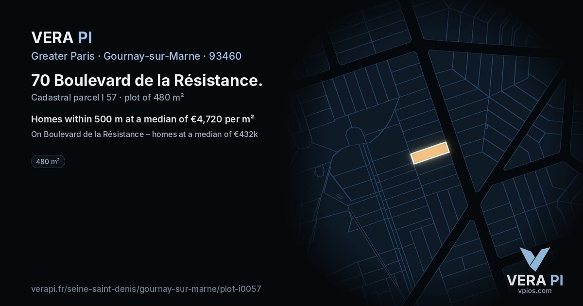 70 Boulevard de la Résistance, Gournay-sur-Marne at night – the plot lit, the parcels around coloured by the prices near them