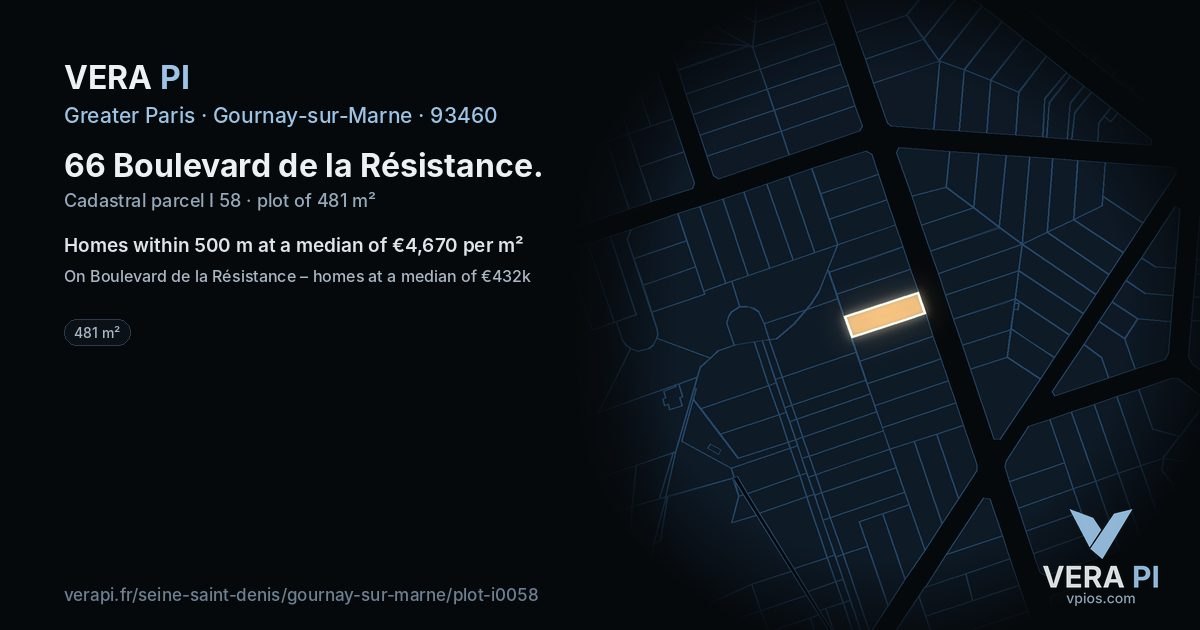 66 Boulevard de la Résistance, Gournay-sur-Marne at night – the plot lit, the parcels around coloured by the prices near them