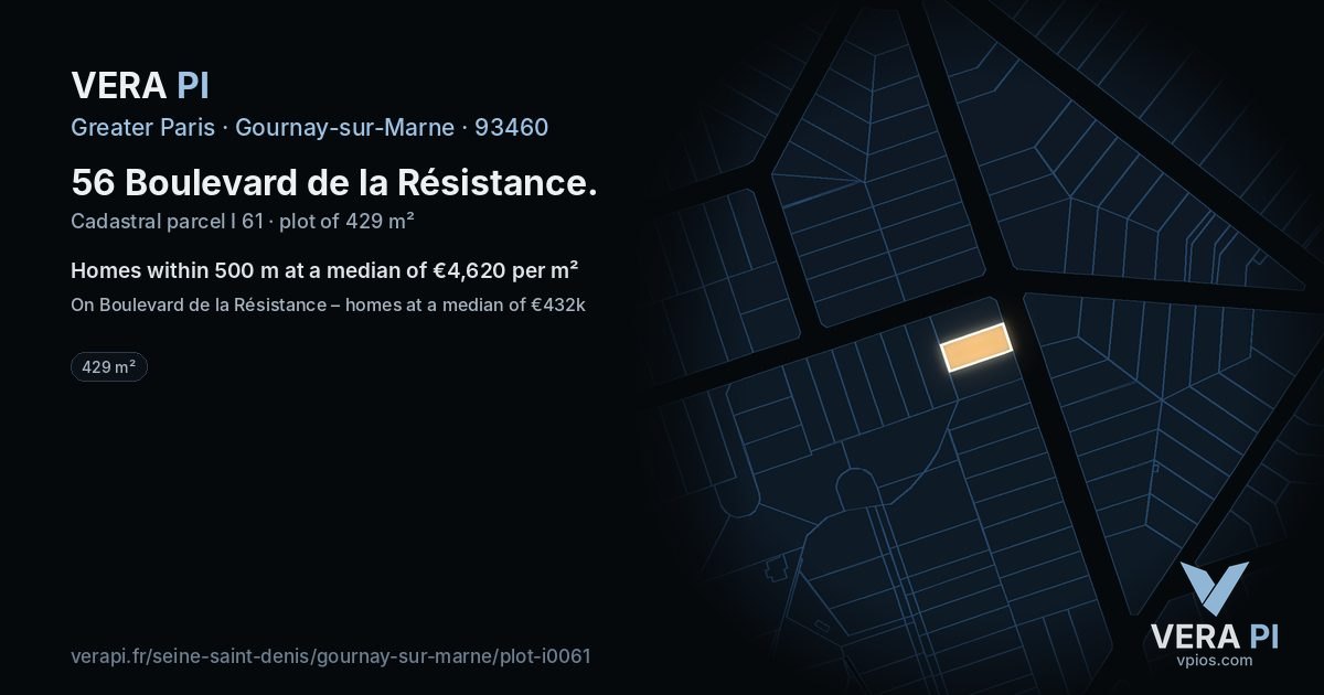 56 Boulevard de la Résistance, Gournay-sur-Marne at night – the plot lit, the parcels around coloured by the prices near them