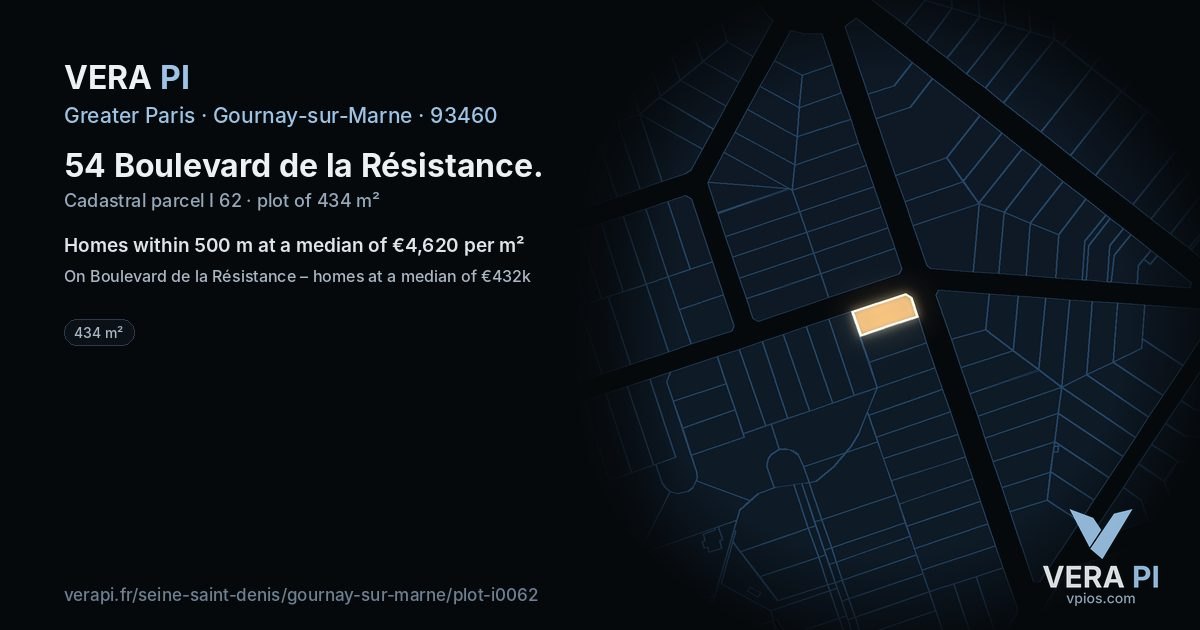 54 Boulevard de la Résistance, Gournay-sur-Marne at night – the plot lit, the parcels around coloured by the prices near them