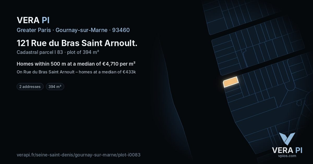 121 Rue du Bras Saint Arnoult, Gournay-sur-Marne at night – the plot lit, the parcels around coloured by the prices near them