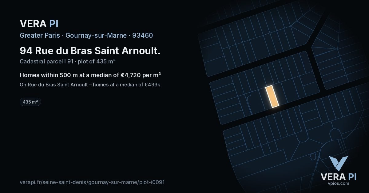 94 Rue du Bras Saint Arnoult, Gournay-sur-Marne at night – the plot lit, the parcels around coloured by the prices near them