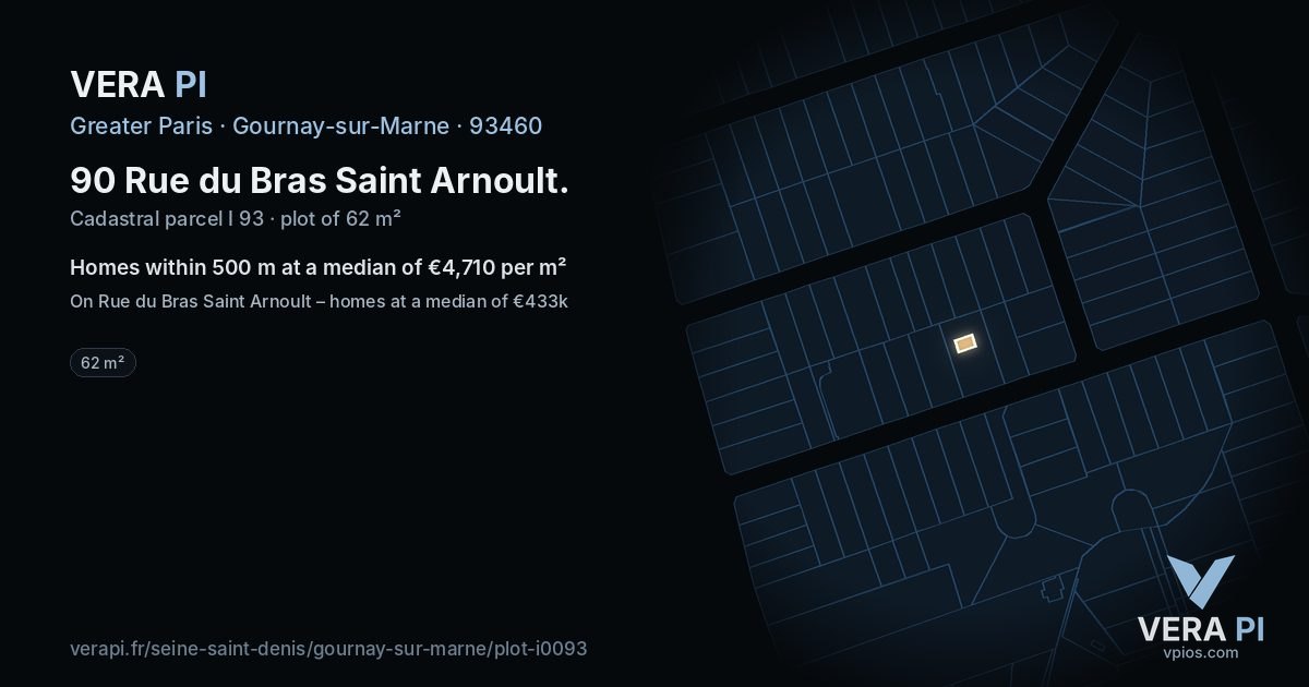 90 Rue du Bras Saint Arnoult, Gournay-sur-Marne at night – the plot lit, the parcels around coloured by the prices near them