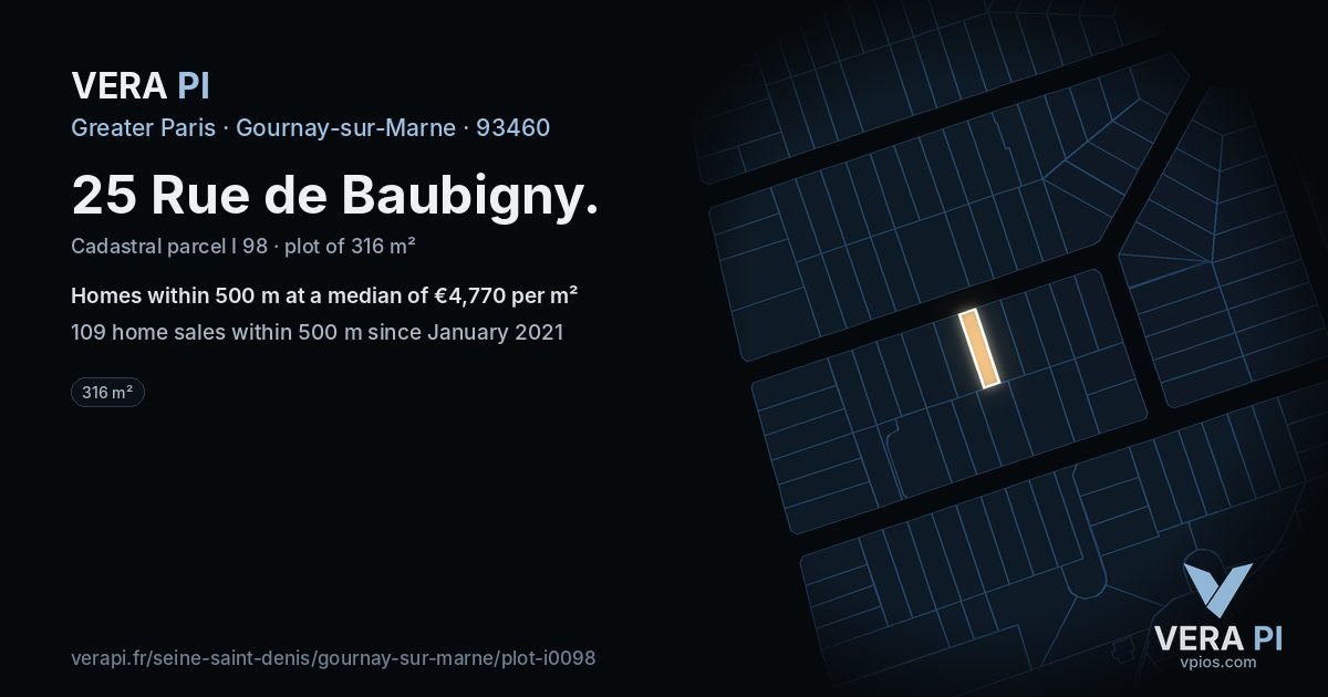 25 Rue de Baubigny, Gournay-sur-Marne at night – the plot lit, the parcels around coloured by the prices near them