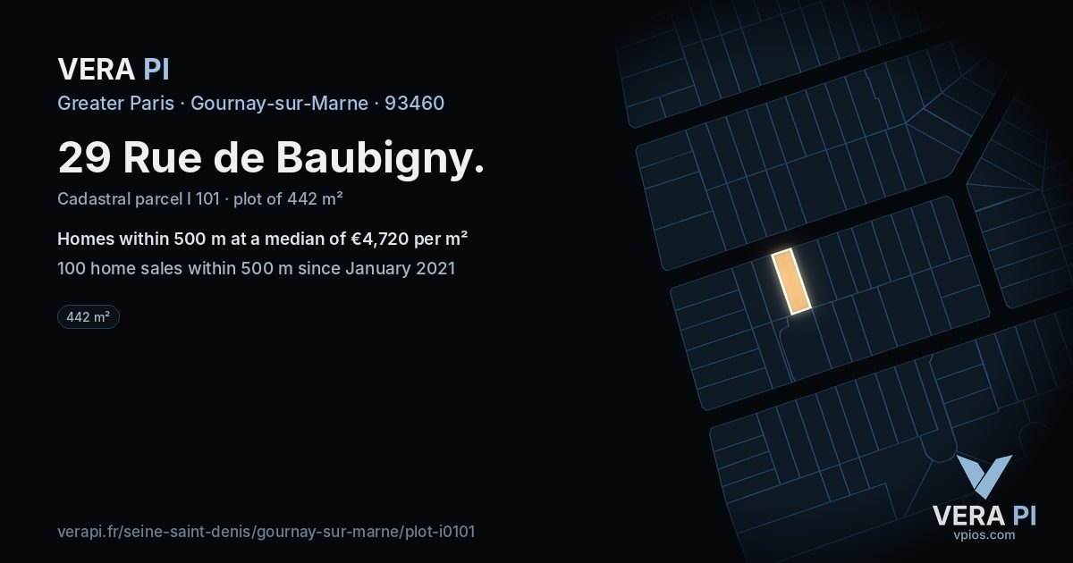 29 Rue de Baubigny, Gournay-sur-Marne at night – the plot lit, the parcels around coloured by the prices near them