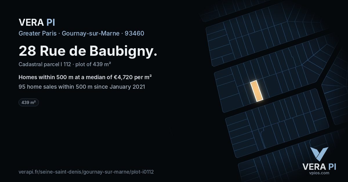 28 Rue de Baubigny, Gournay-sur-Marne at night – the plot lit, the parcels around coloured by the prices near them