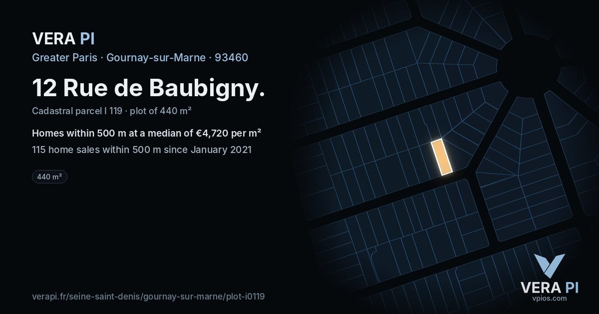 12 Rue de Baubigny, Gournay-sur-Marne at night – the plot lit, the parcels around coloured by the prices near them