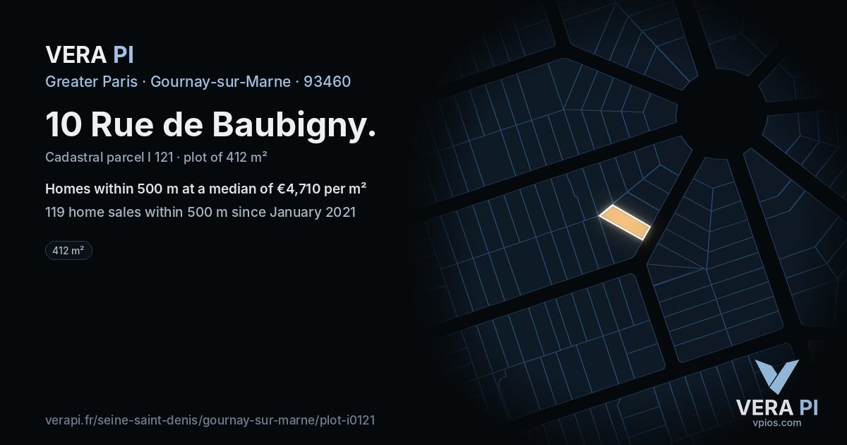 10 Rue de Baubigny, Gournay-sur-Marne at night – the plot lit, the parcels around coloured by the prices near them