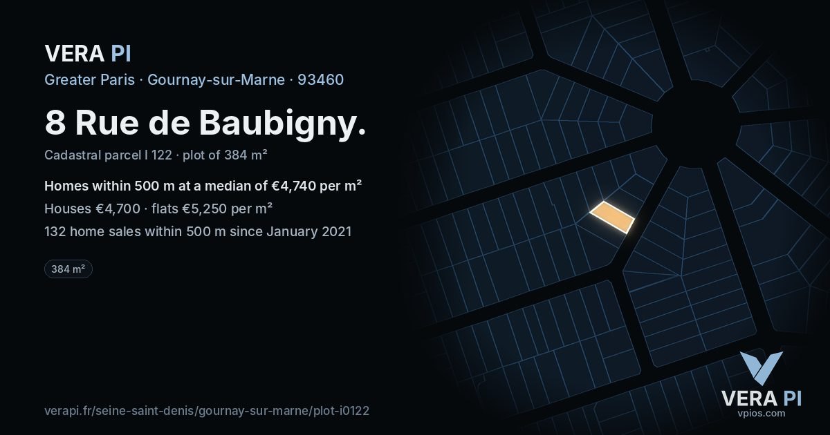 8 Rue de Baubigny, Gournay-sur-Marne at night – the plot lit, the parcels around coloured by the prices near them