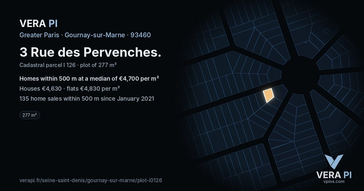 3 Rue des Pervenches, Gournay-sur-Marne at night – the plot lit, the parcels around coloured by the prices near them
