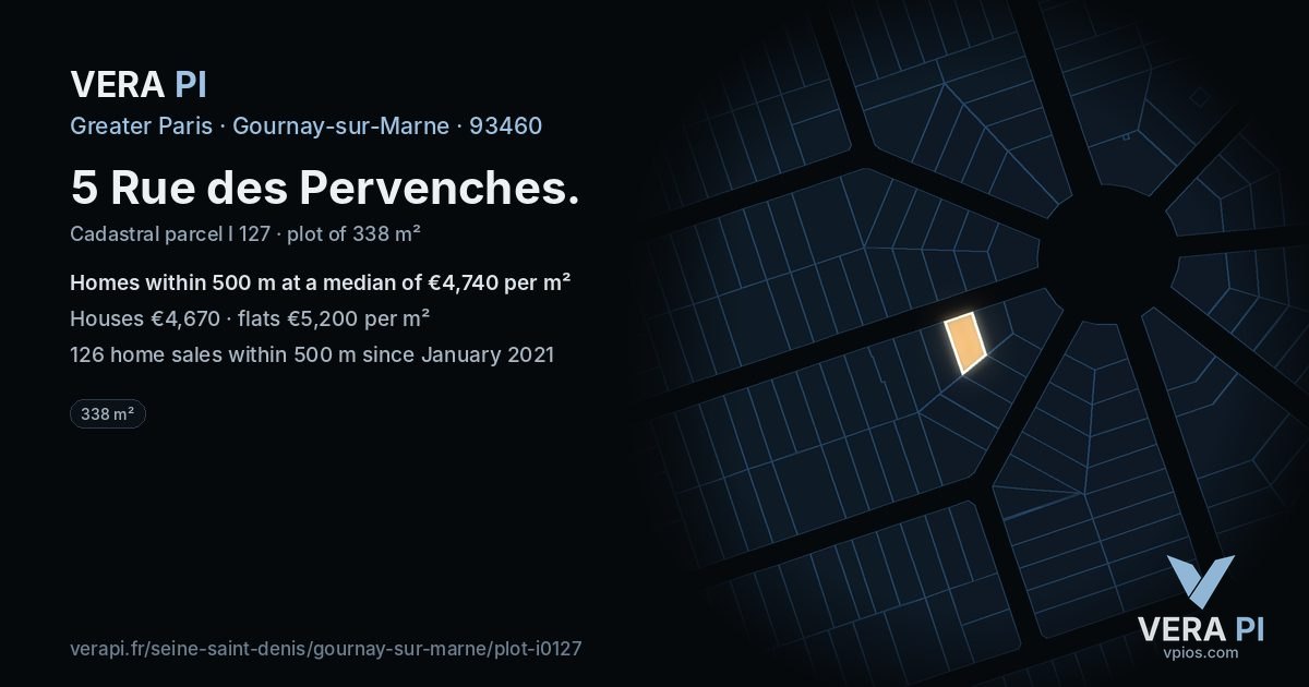 5 Rue des Pervenches, Gournay-sur-Marne at night – the plot lit, the parcels around coloured by the prices near them