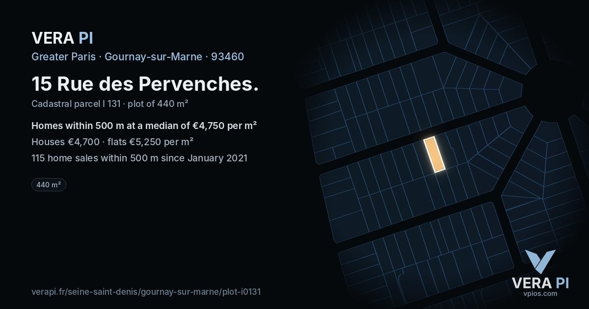 15 Rue des Pervenches, Gournay-sur-Marne at night – the plot lit, the parcels around coloured by the prices near them