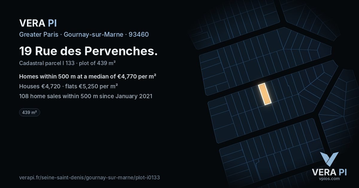19 Rue des Pervenches, Gournay-sur-Marne at night – the plot lit, the parcels around coloured by the prices near them