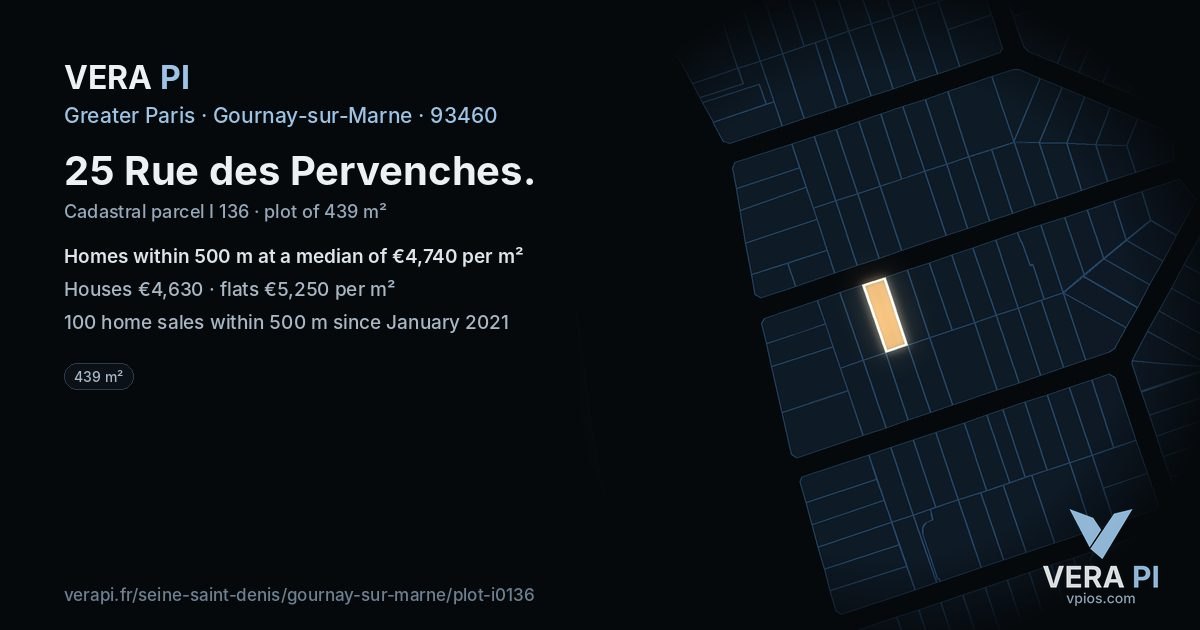 25 Rue des Pervenches, Gournay-sur-Marne at night – the plot lit, the parcels around coloured by the prices near them