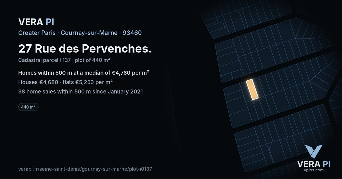 27 Rue des Pervenches, Gournay-sur-Marne at night – the plot lit, the parcels around coloured by the prices near them