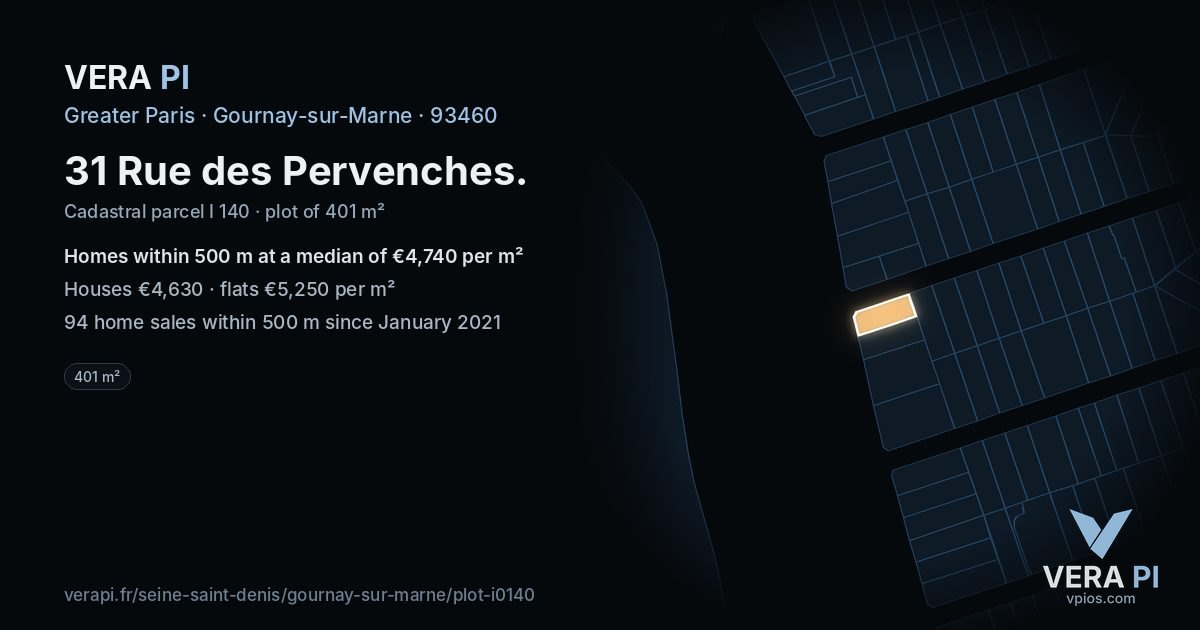 31 Rue des Pervenches, Gournay-sur-Marne at night – the plot lit, the parcels around coloured by the prices near them