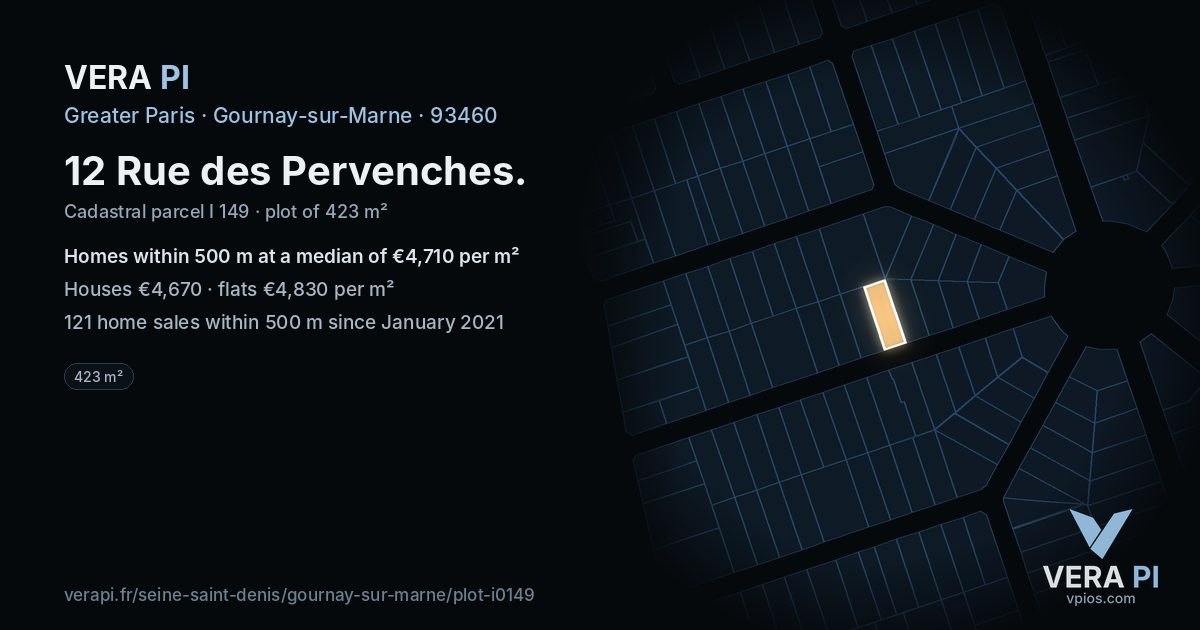 12 Rue des Pervenches, Gournay-sur-Marne at night – the plot lit, the parcels around coloured by the prices near them