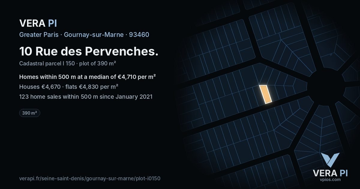 10 Rue des Pervenches, Gournay-sur-Marne at night – the plot lit, the parcels around coloured by the prices near them