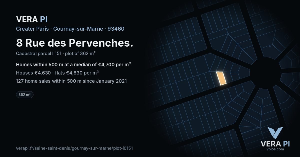 8 Rue des Pervenches, Gournay-sur-Marne at night – the plot lit, the parcels around coloured by the prices near them