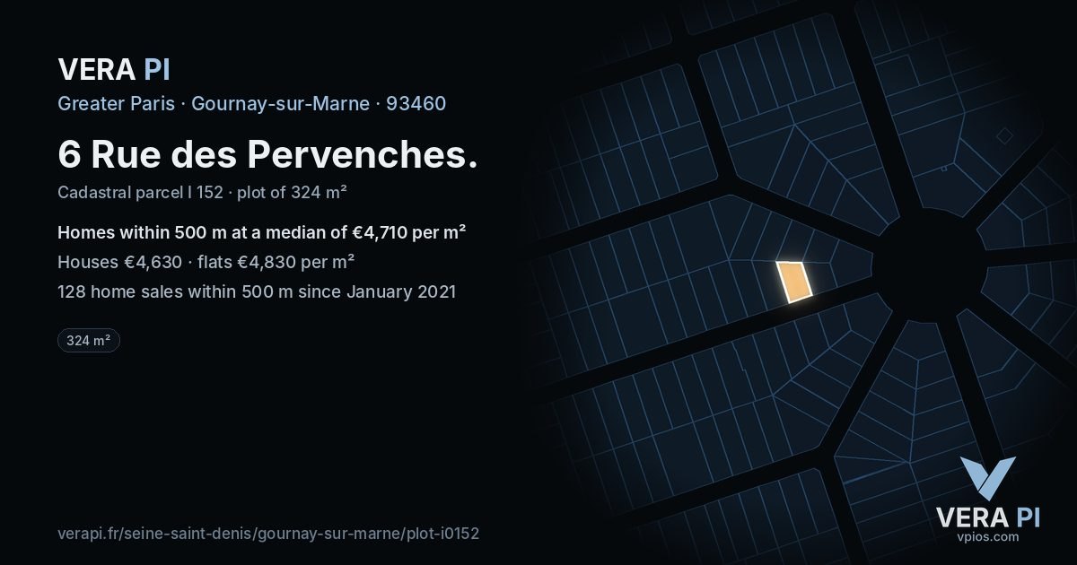 6 Rue des Pervenches, Gournay-sur-Marne at night – the plot lit, the parcels around coloured by the prices near them