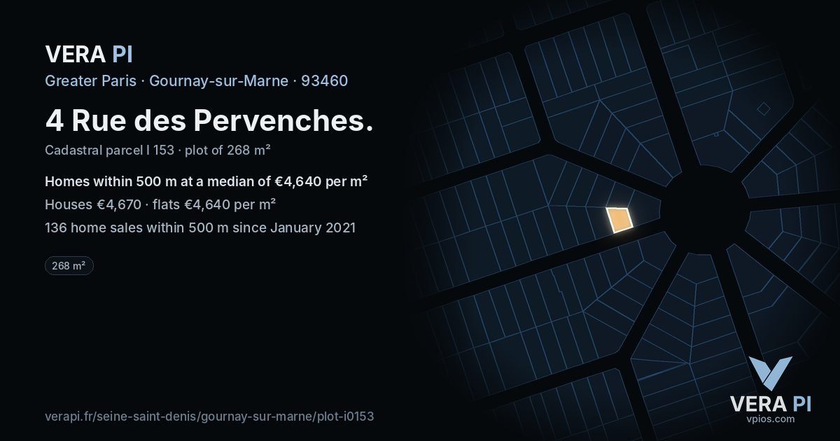 4 Rue des Pervenches, Gournay-sur-Marne at night – the plot lit, the parcels around coloured by the prices near them