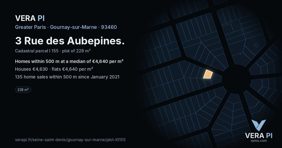 3 Rue des Aubepines, Gournay-sur-Marne at night – the plot lit, the parcels around coloured by the prices near them