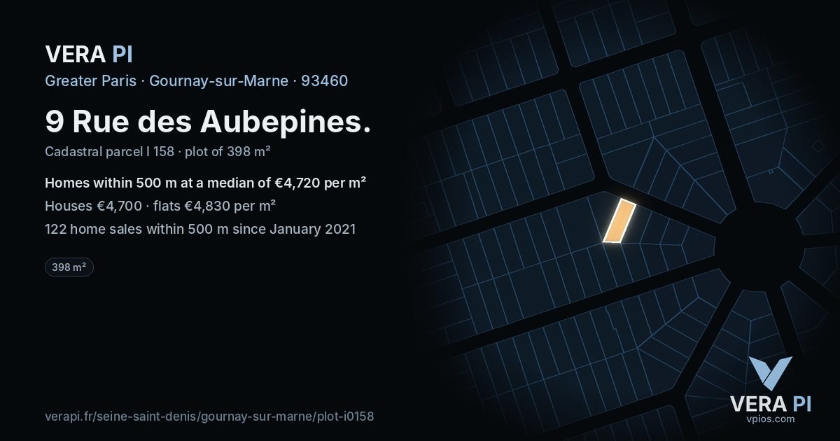 9 Rue des Aubepines, Gournay-sur-Marne at night – the plot lit, the parcels around coloured by the prices near them