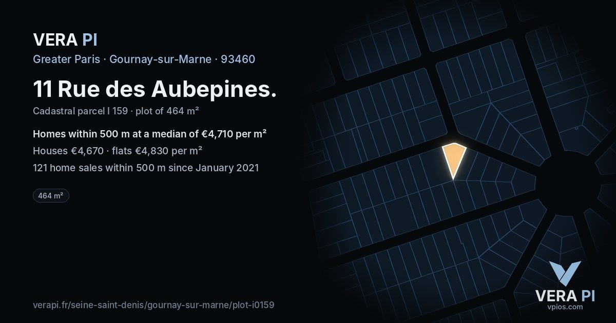 11 Rue des Aubepines, Gournay-sur-Marne at night – the plot lit, the parcels around coloured by the prices near them