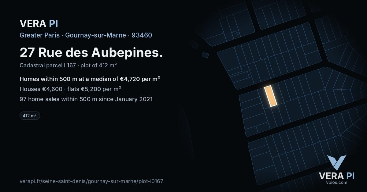 27 Rue des Aubepines, Gournay-sur-Marne at night – the plot lit, the parcels around coloured by the prices near them