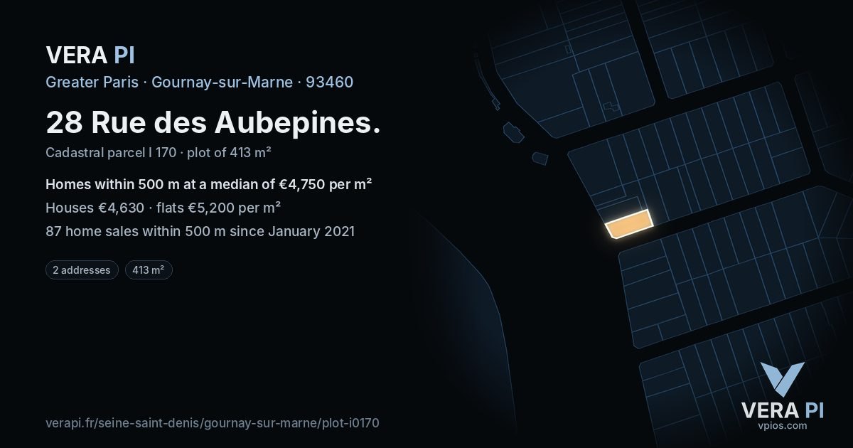 28 Rue des Aubepines, Gournay-sur-Marne at night – the plot lit, the parcels around coloured by the prices near them