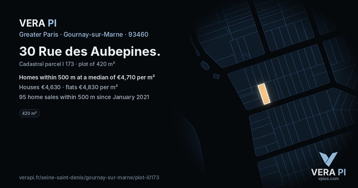 30 Rue des Aubepines, Gournay-sur-Marne at night – the plot lit, the parcels around coloured by the prices near them