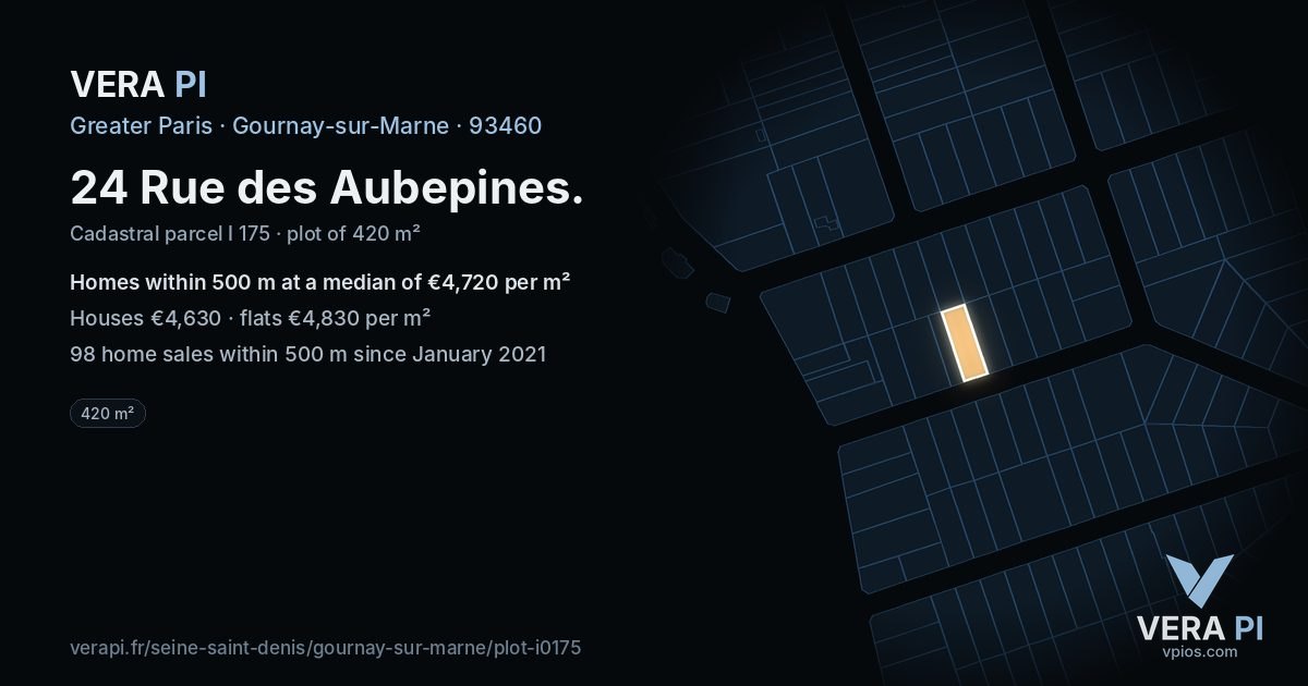 24 Rue des Aubepines, Gournay-sur-Marne at night – the plot lit, the parcels around coloured by the prices near them