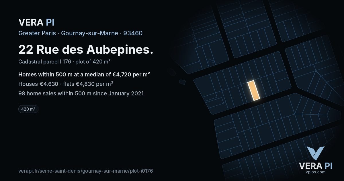 22 Rue des Aubepines, Gournay-sur-Marne at night – the plot lit, the parcels around coloured by the prices near them