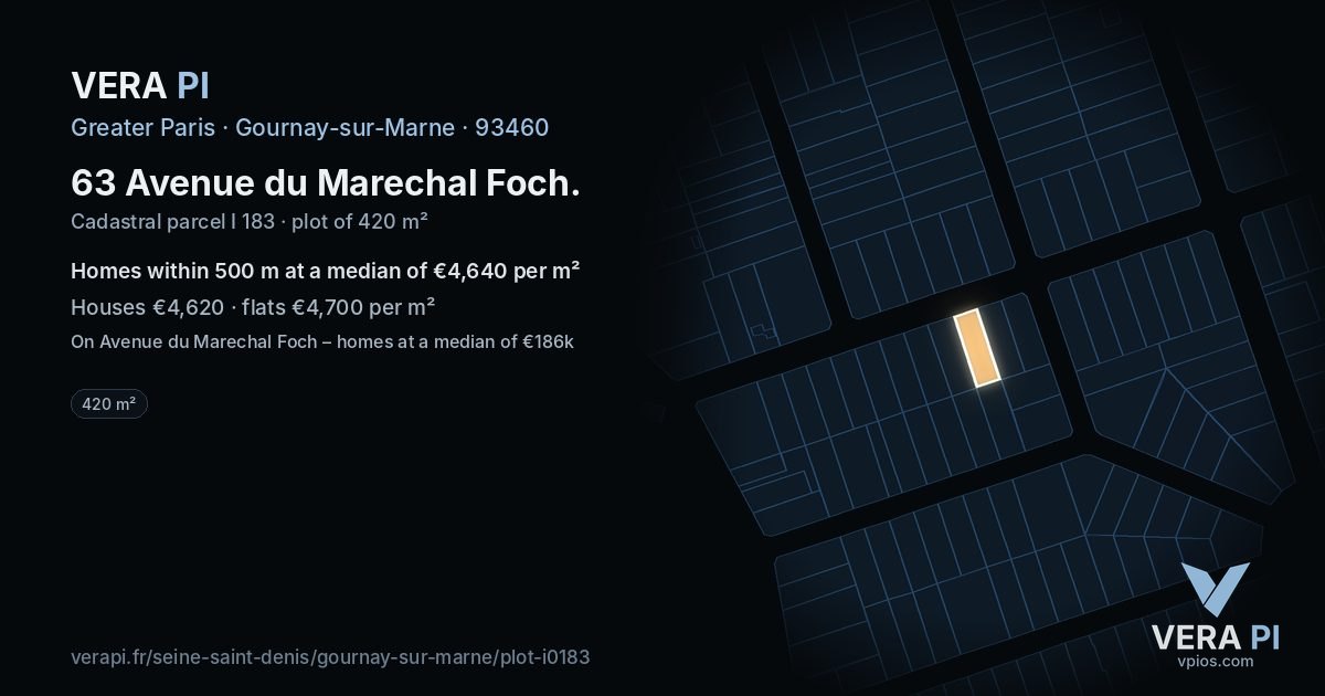63 Avenue du Marechal Foch, Gournay-sur-Marne at night – the plot lit, the parcels around coloured by the prices near them