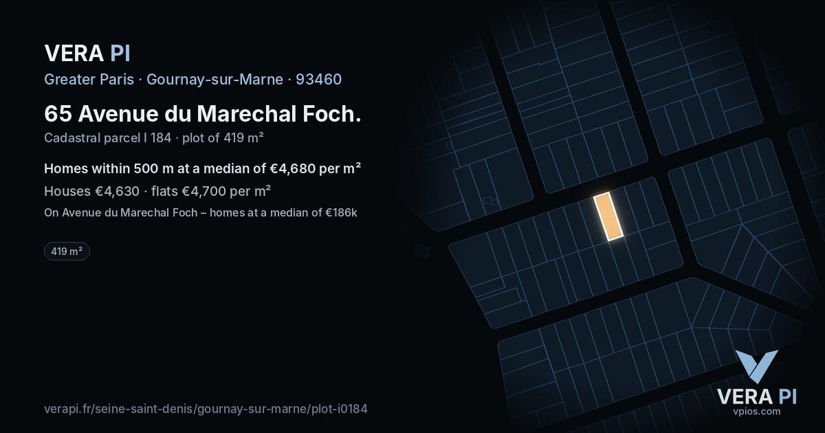 65 Avenue du Marechal Foch, Gournay-sur-Marne at night – the plot lit, the parcels around coloured by the prices near them