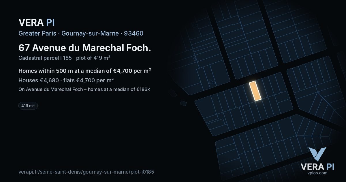67 Avenue du Marechal Foch, Gournay-sur-Marne at night – the plot lit, the parcels around coloured by the prices near them