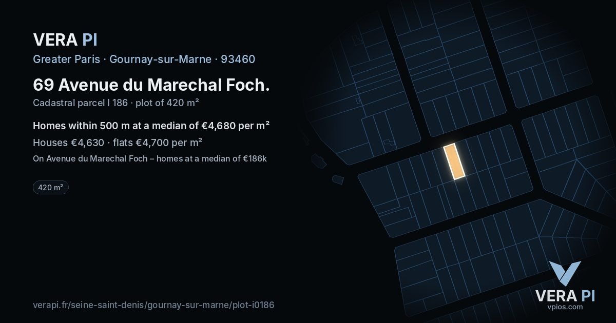 69 Avenue du Marechal Foch, Gournay-sur-Marne at night – the plot lit, the parcels around coloured by the prices near them