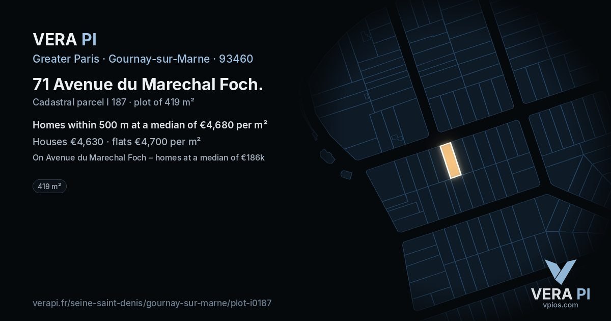 71 Avenue du Marechal Foch, Gournay-sur-Marne at night – the plot lit, the parcels around coloured by the prices near them