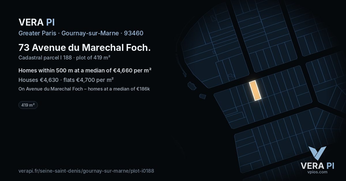73 Avenue du Marechal Foch, Gournay-sur-Marne at night – the plot lit, the parcels around coloured by the prices near them