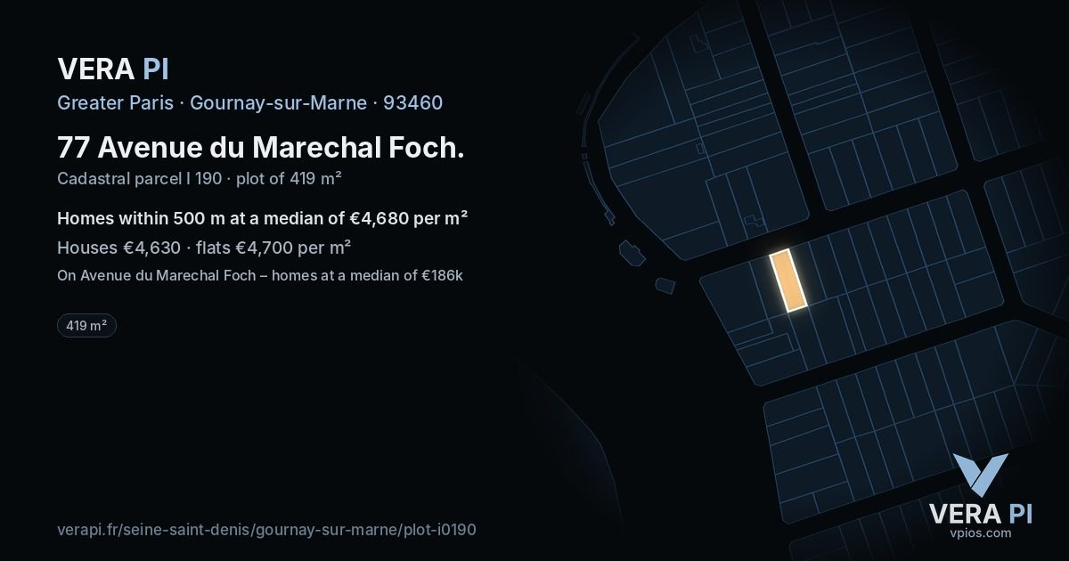 77 Avenue du Marechal Foch, Gournay-sur-Marne at night – the plot lit, the parcels around coloured by the prices near them