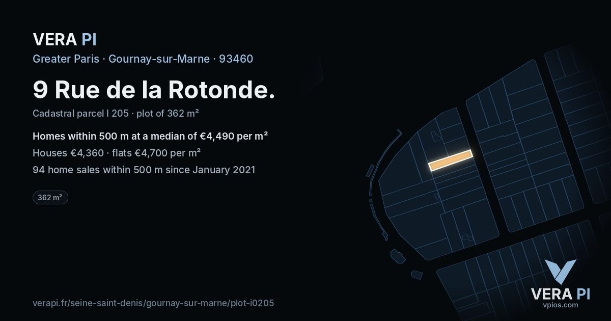 9 Rue de la Rotonde, Gournay-sur-Marne at night – the plot lit, the parcels around coloured by the prices near them
