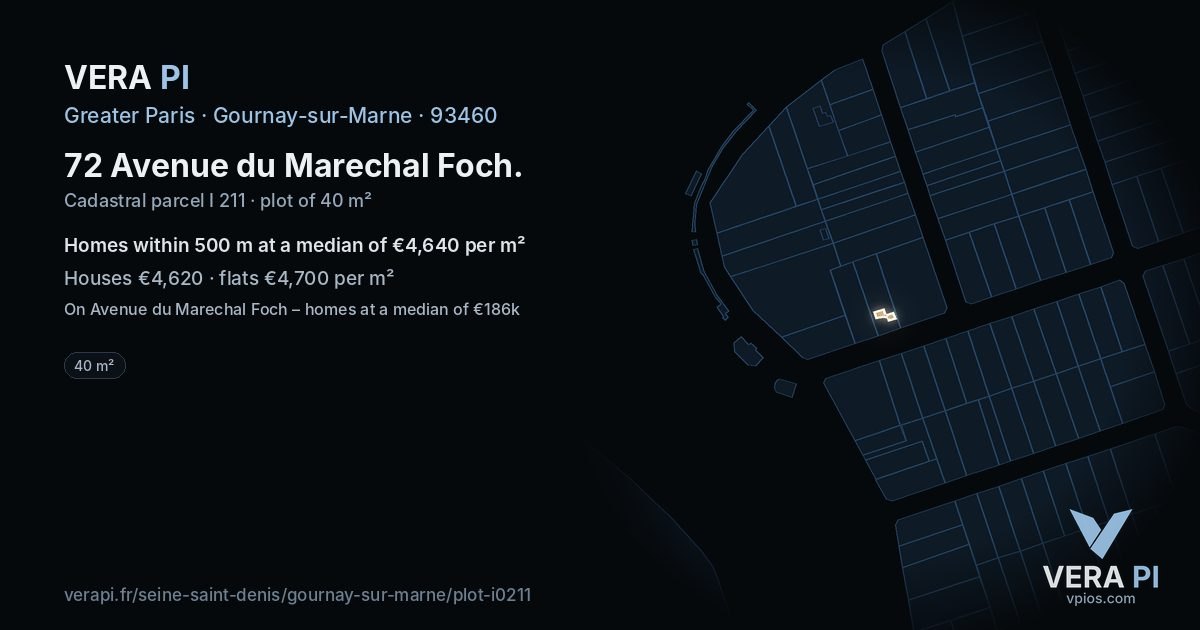 72 Avenue du Marechal Foch, Gournay-sur-Marne at night – the plot lit, the parcels around coloured by the prices near them