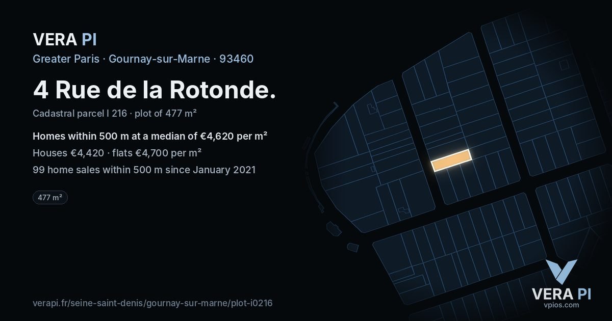 4 Rue de la Rotonde, Gournay-sur-Marne at night – the plot lit, the parcels around coloured by the prices near them