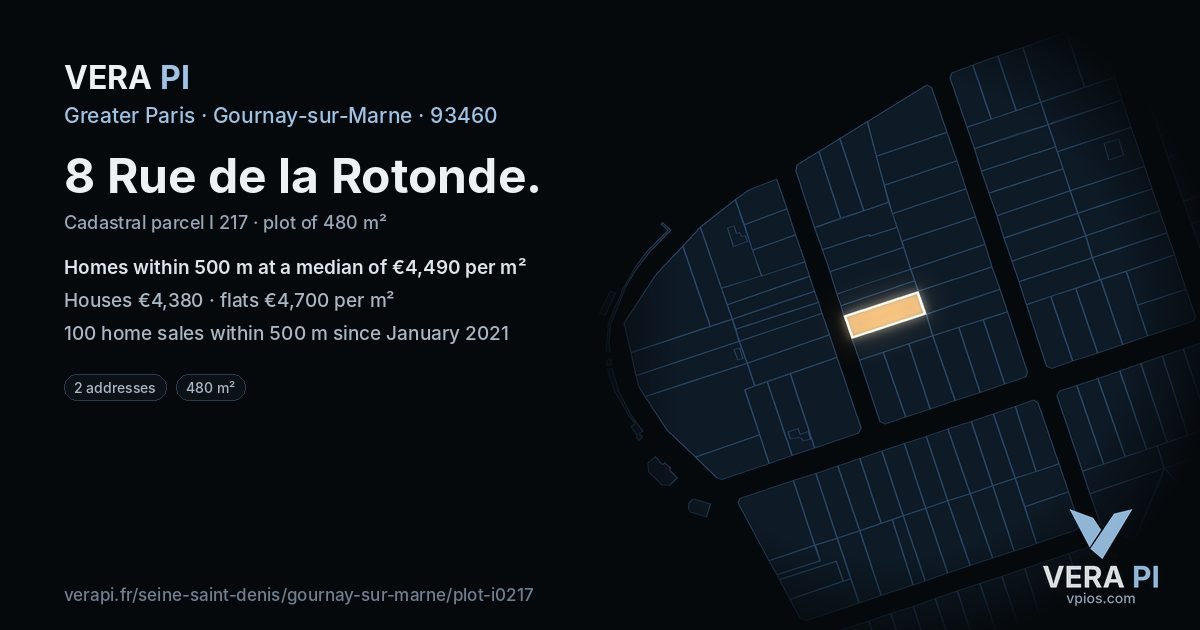 8 Rue de la Rotonde, Gournay-sur-Marne at night – the plot lit, the parcels around coloured by the prices near them