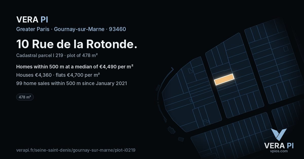 10 Rue de la Rotonde, Gournay-sur-Marne at night – the plot lit, the parcels around coloured by the prices near them