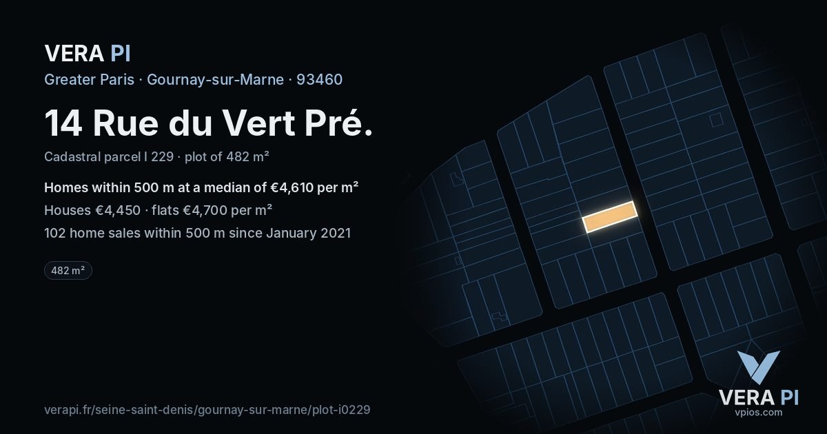 14 Rue du Vert Pré, Gournay-sur-Marne at night – the plot lit, the parcels around coloured by the prices near them