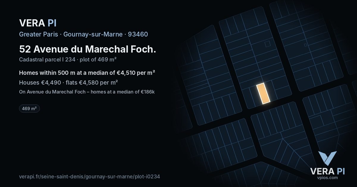 52 Avenue du Marechal Foch, Gournay-sur-Marne at night – the plot lit, the parcels around coloured by the prices near them