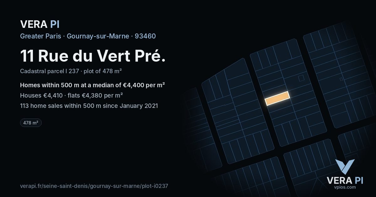 11 Rue du Vert Pré, Gournay-sur-Marne at night – the plot lit, the parcels around coloured by the prices near them