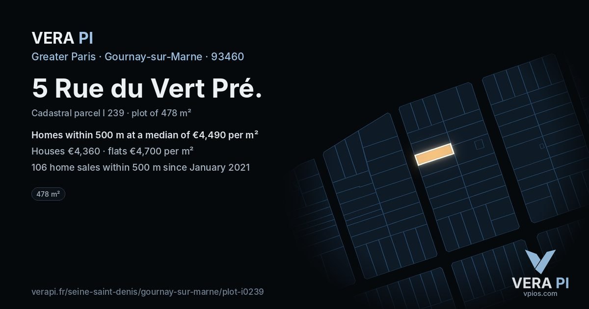 5 Rue du Vert Pré, Gournay-sur-Marne at night – the plot lit, the parcels around coloured by the prices near them