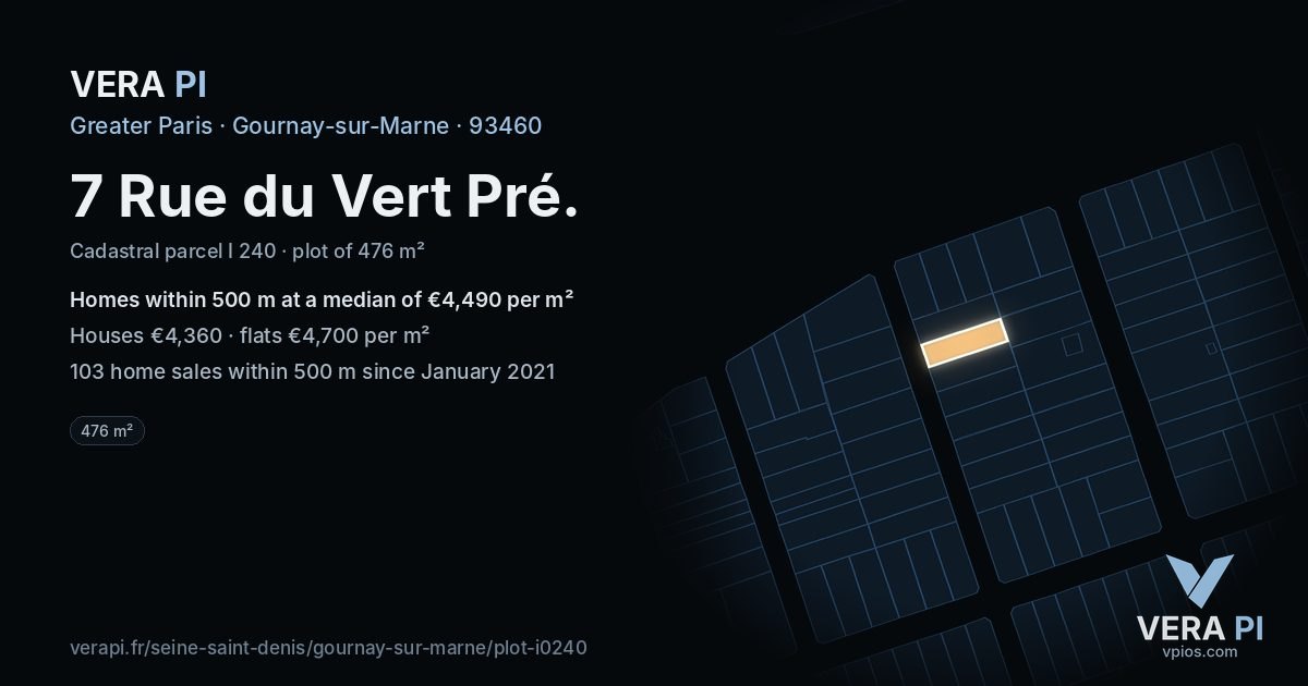 7 Rue du Vert Pré, Gournay-sur-Marne at night – the plot lit, the parcels around coloured by the prices near them